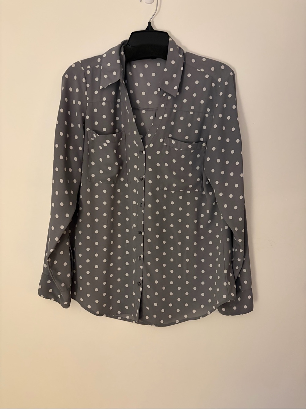 Express Gray Button-Front Polka Dot Blouse